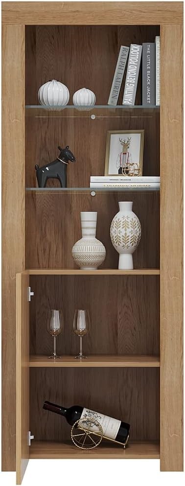 Tall Oak Display Cabinet Glass Shelves LED Light Modern Storage Unit