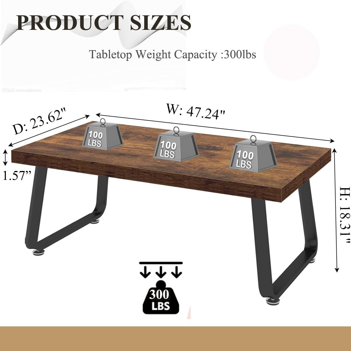 Rustic Brown Industrial Coffee Table 120x60x46.5cm, Metal Frame, Durable