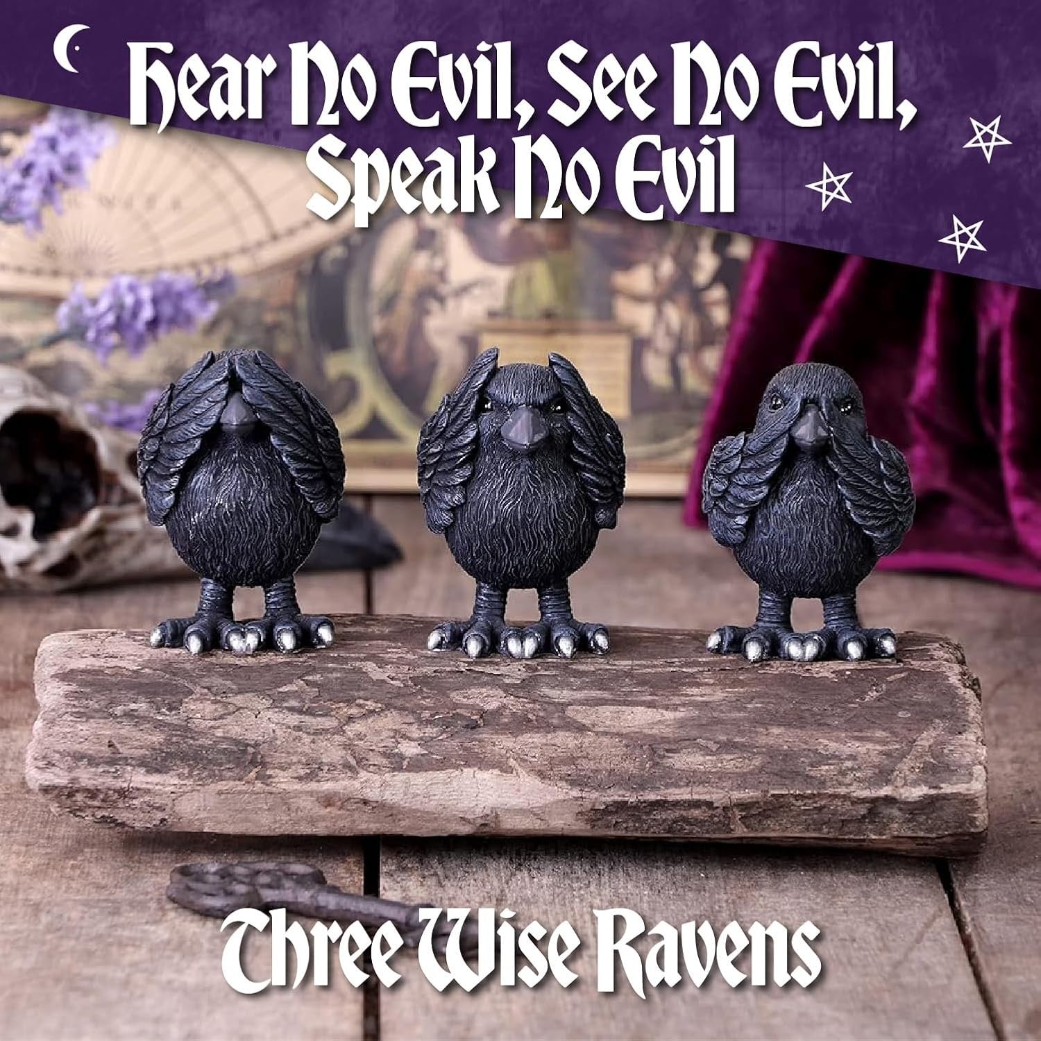 Three Wise Raven Figurines Resin 8.7cm Gothic Ornament Set Home Decor Gift