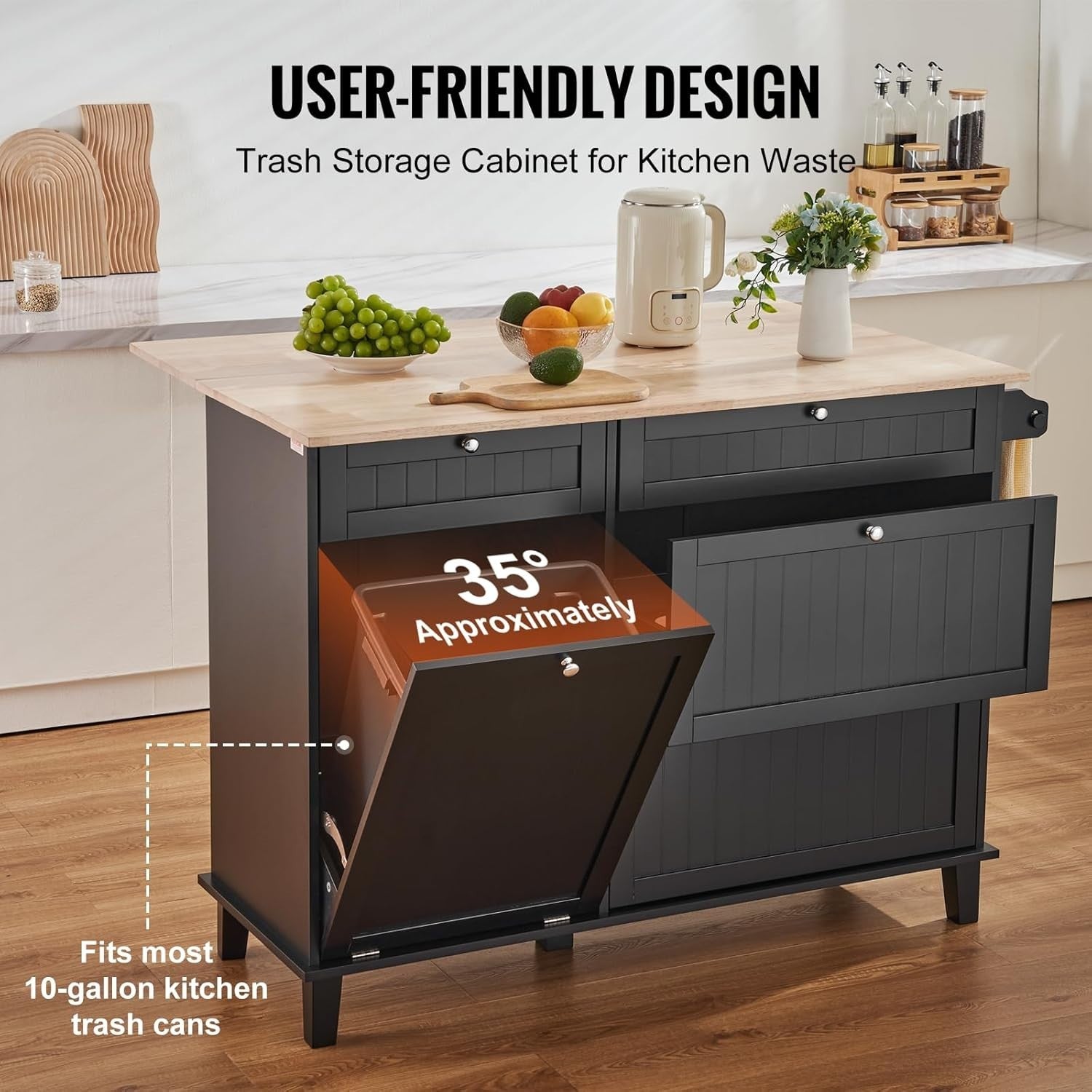 50" Kitchen Island Cart with Drop Leaf, Trash Cabinet, Drawer & Storage – Black