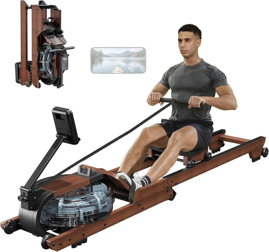 Foldable Oak Wood Water Rowing Machine Bluetooth LCD Home Rower 350LB Capacity