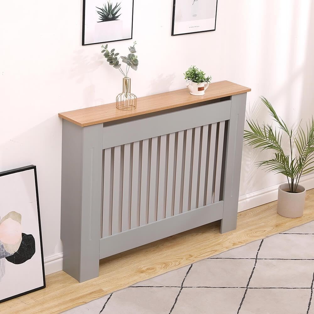Grey Oak Radiator Cover Wooden Slatted Grill Cabinet Shelf 112x19x82cm