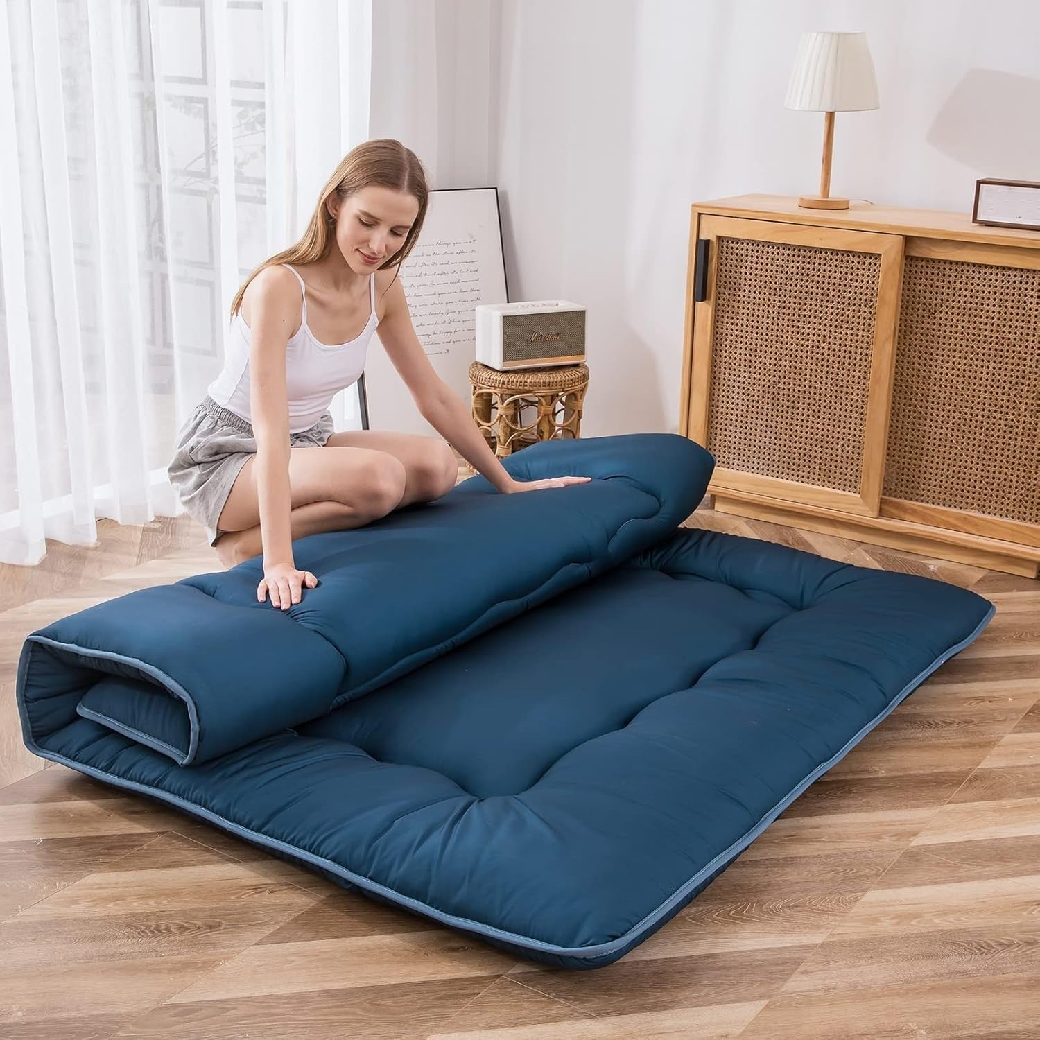 Blue Double Foldable Futon Mattress | Thick Tatami Sleep Pad, Portable Lounger