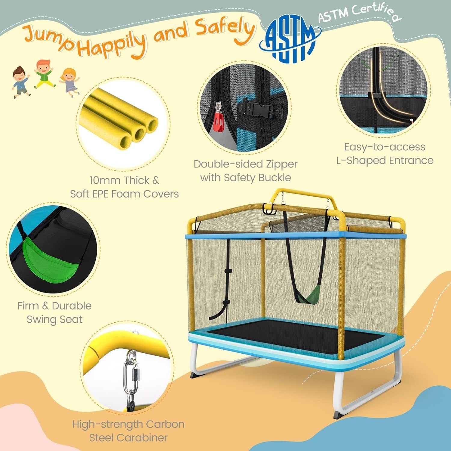 6FT Kids 3-in-1 Trampoline with Safety Net Swing Bar Indoor Outdoor