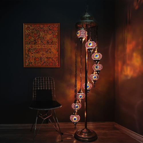Turkish Mosaic Floor Lamp 9 Globe Standing Light Orange 70in Boho Decor