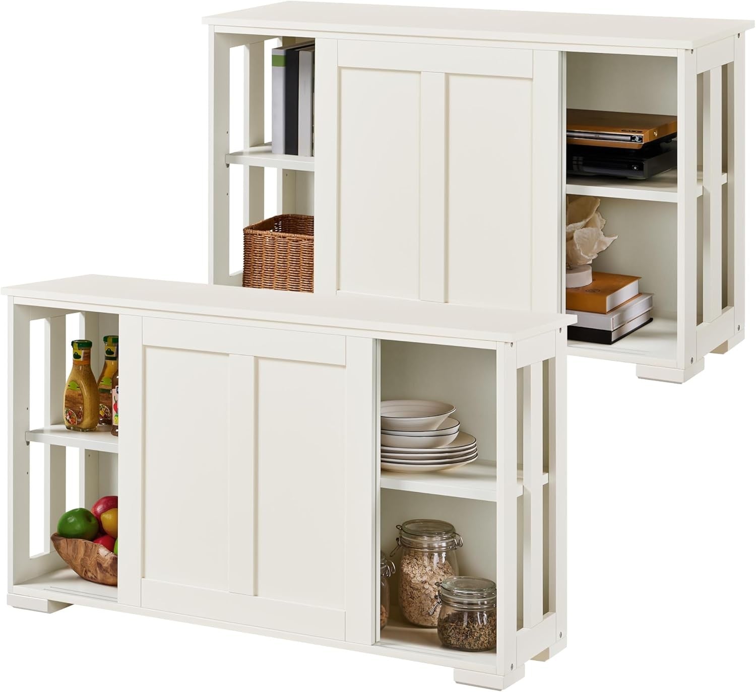 Set of 2 White Sideboard Buffet Cabinets | Sliding Door Storage Units Shelv