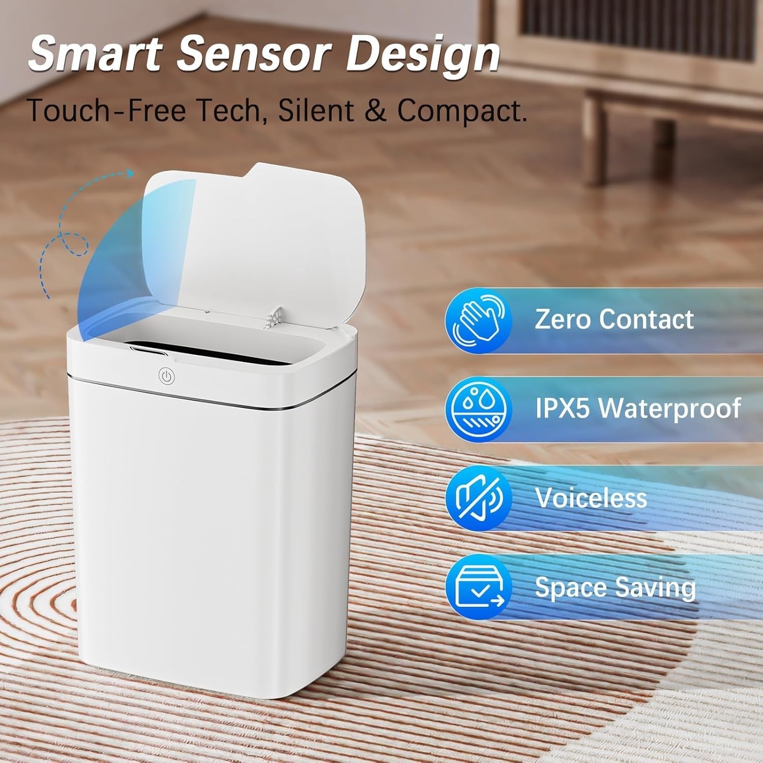 2 Pack 15L Touchless Sensor Bins Slim Waterproof Auto Lid White