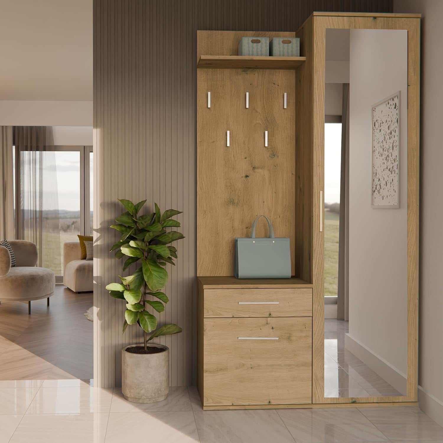 Modern Hallway Wardrobe with Drawers, Hooks & Shoe Storage, 180cm Tall