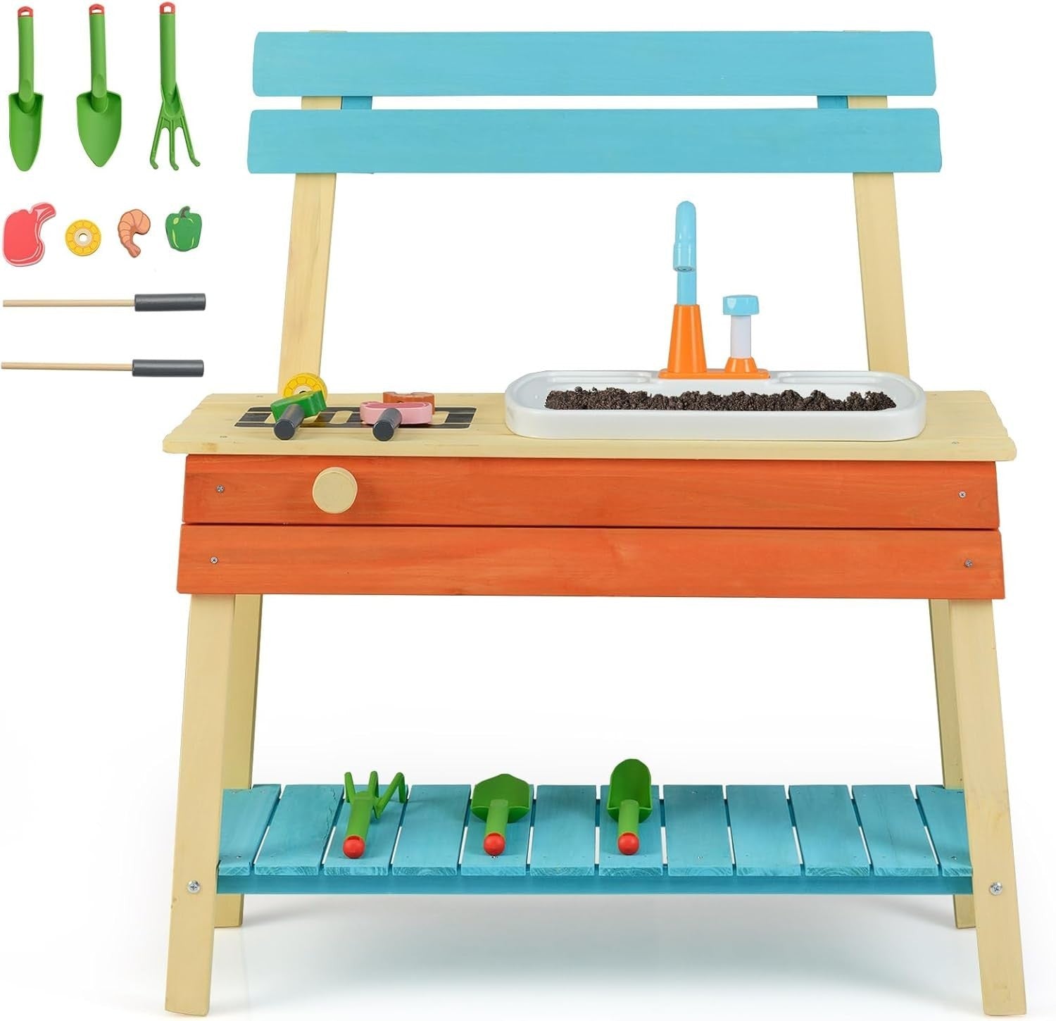 Kids Mud Kitchen Outdoor Wooden Play Kitchen Water Sink Garden Toy