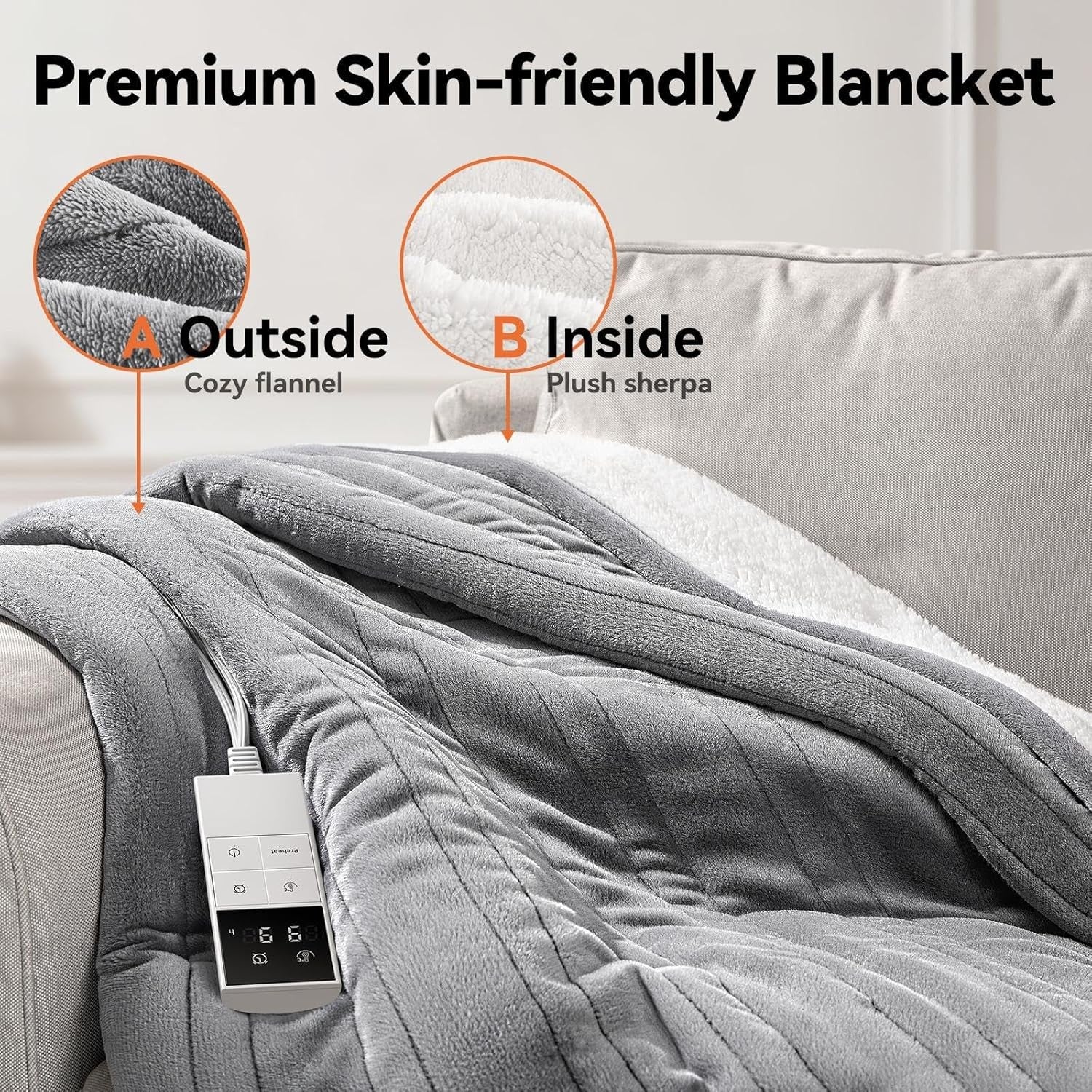 Electric Heated Throw Blanket 180x130cm Fast Heat 9 Settings Auto Shut Off