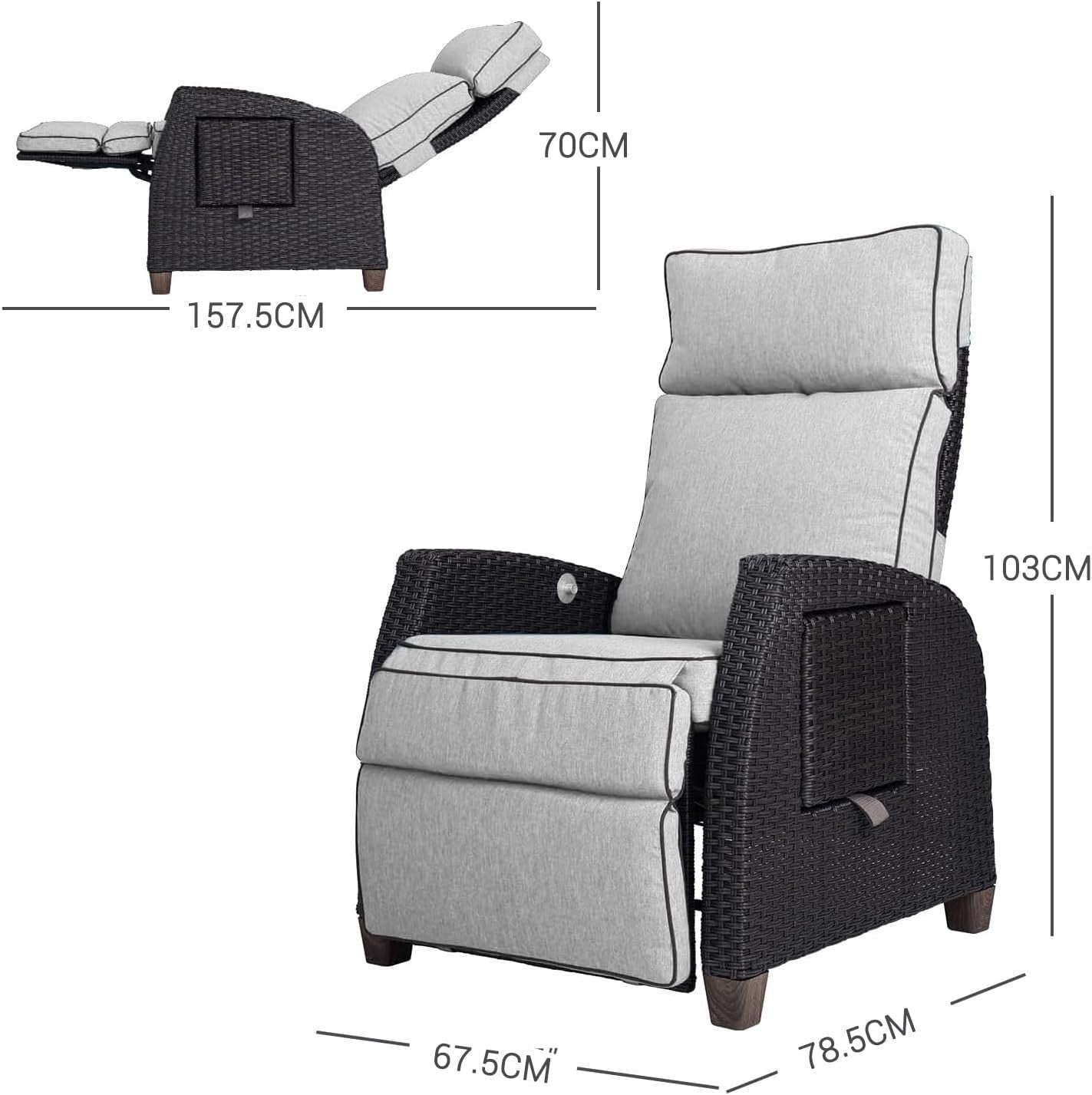 Adjustable Outdoor Recliner Wicker Patio Lounger with Flip Table Beige