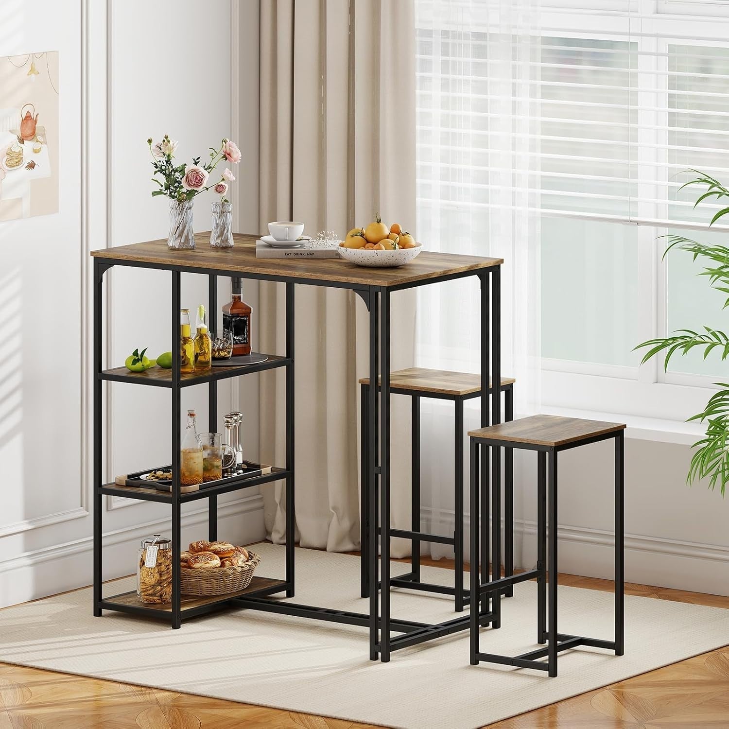 3-Piece Bar Table Set Shelves, Space-Saving Breakfast Dining Set – Coffee Black