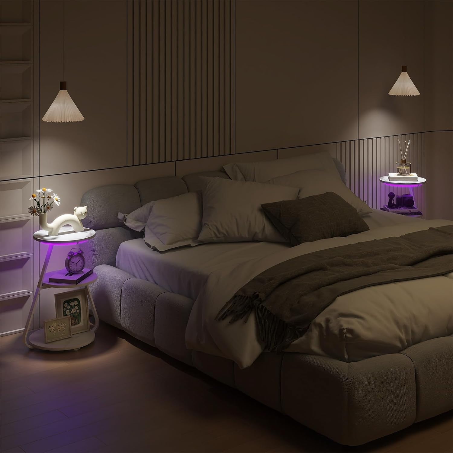 Set of 2 Round Side Tables with 6-Color LED & 3-Tier Storage – Modern Design