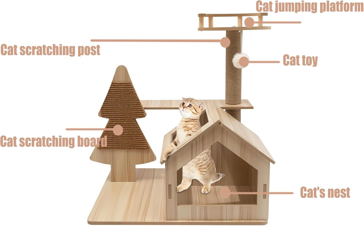Beige Wooden Cat Tree Play Tower with House Jute Scratching Post 71cm