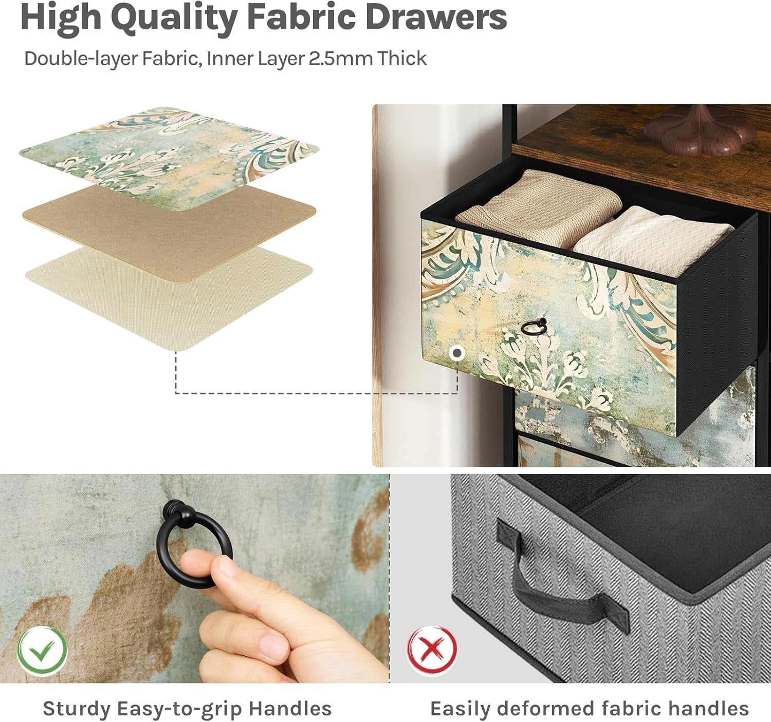 8 Drawer Fabric Chest with USB Ports & Power Strip Vintage Rustic Storage