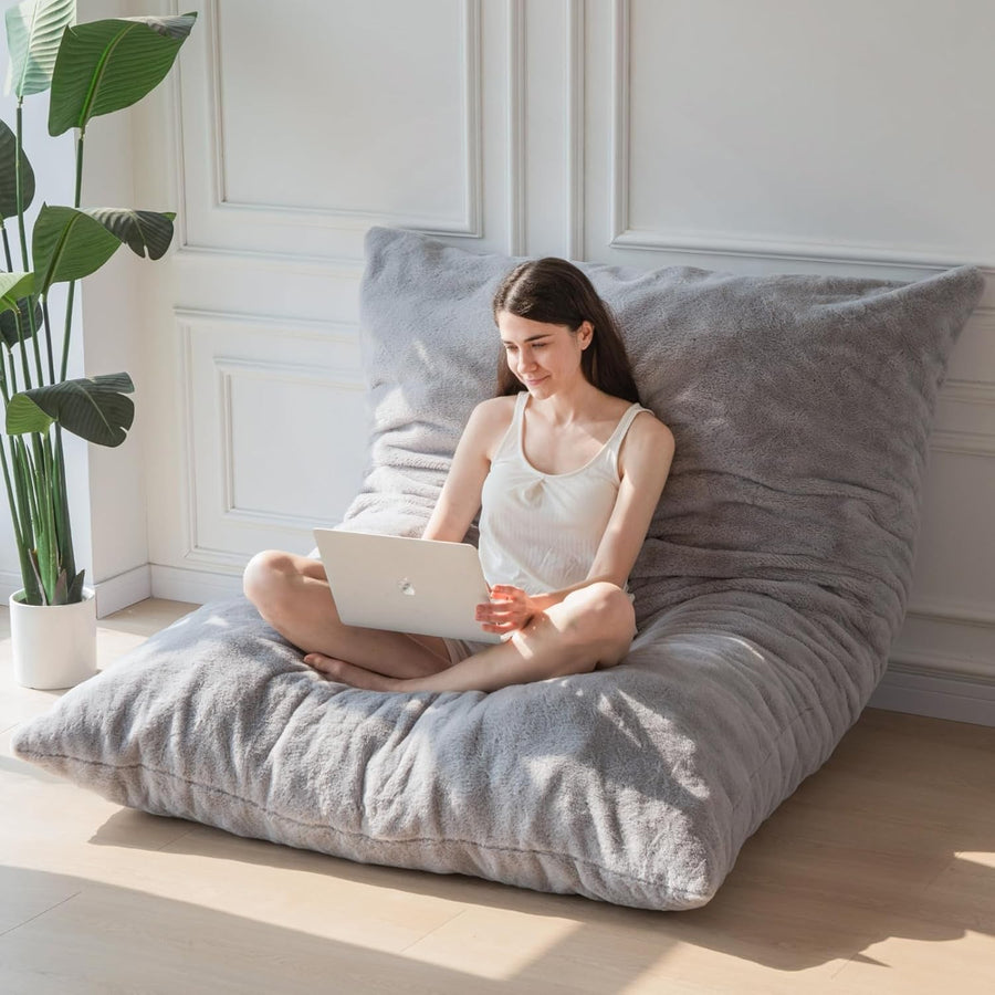 150x200cm Grey Bean Bag Bed Chair | Plush Foldable Floor Sofa Guest Use