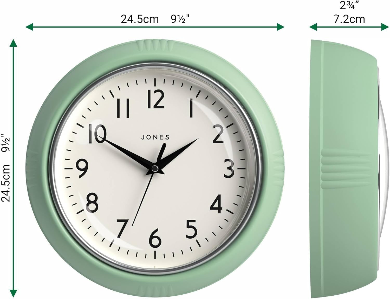 25cm Mint Green Retro Wall Clock Silent Quartz | Easy Read Kitchen Home Decor