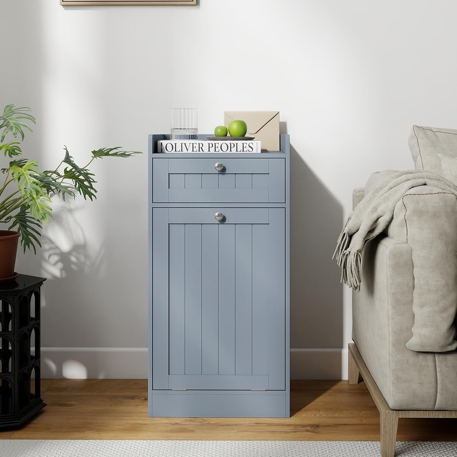 Grey Tilt-Out Laundry Cabinet with Drawer Removable Liner Bathroom Storage Unit