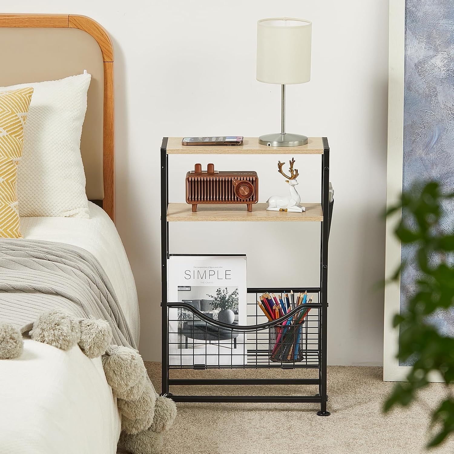 3-Tier Narrow Side Table 30x30x50 cm | Slim End Table w/ Magazine & Fabric Stora