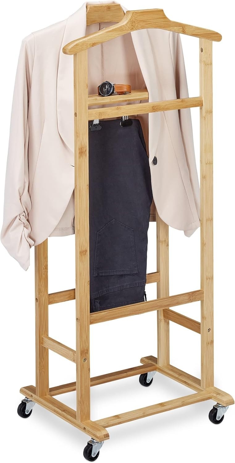 Bamboo Valet Stand on Castors Clothes Rack Natural 107cm