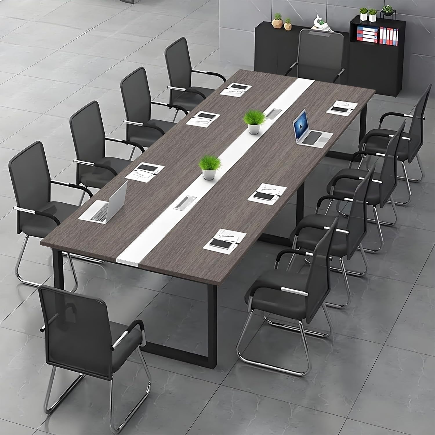 160x120cm Grey/White Office Meeting Table w/ Cable Ports + Adjustable Feet