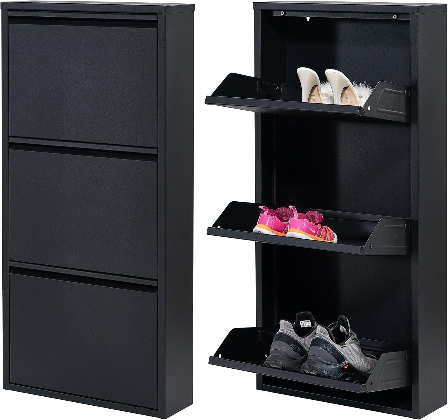 Slim Wall Mounted Shoe Cabinet 3 Drawer Metal Storage Organizer Black 104cm