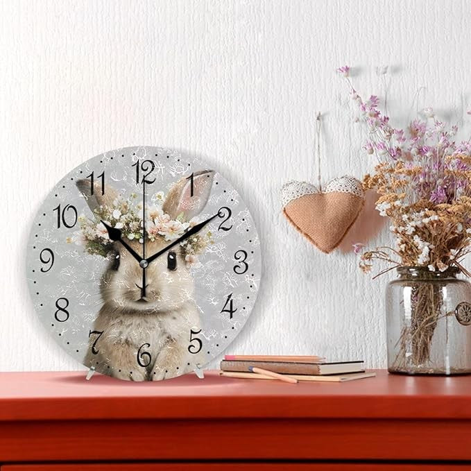 Cute Bunny Floral Wall Clock 25cm Silent Non-Ticking Rustic Nursery Decor