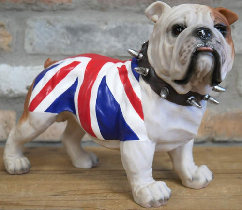British Bulldog Statue Union Jack Coat | Realistic Dog Ornament Home Garden Gift