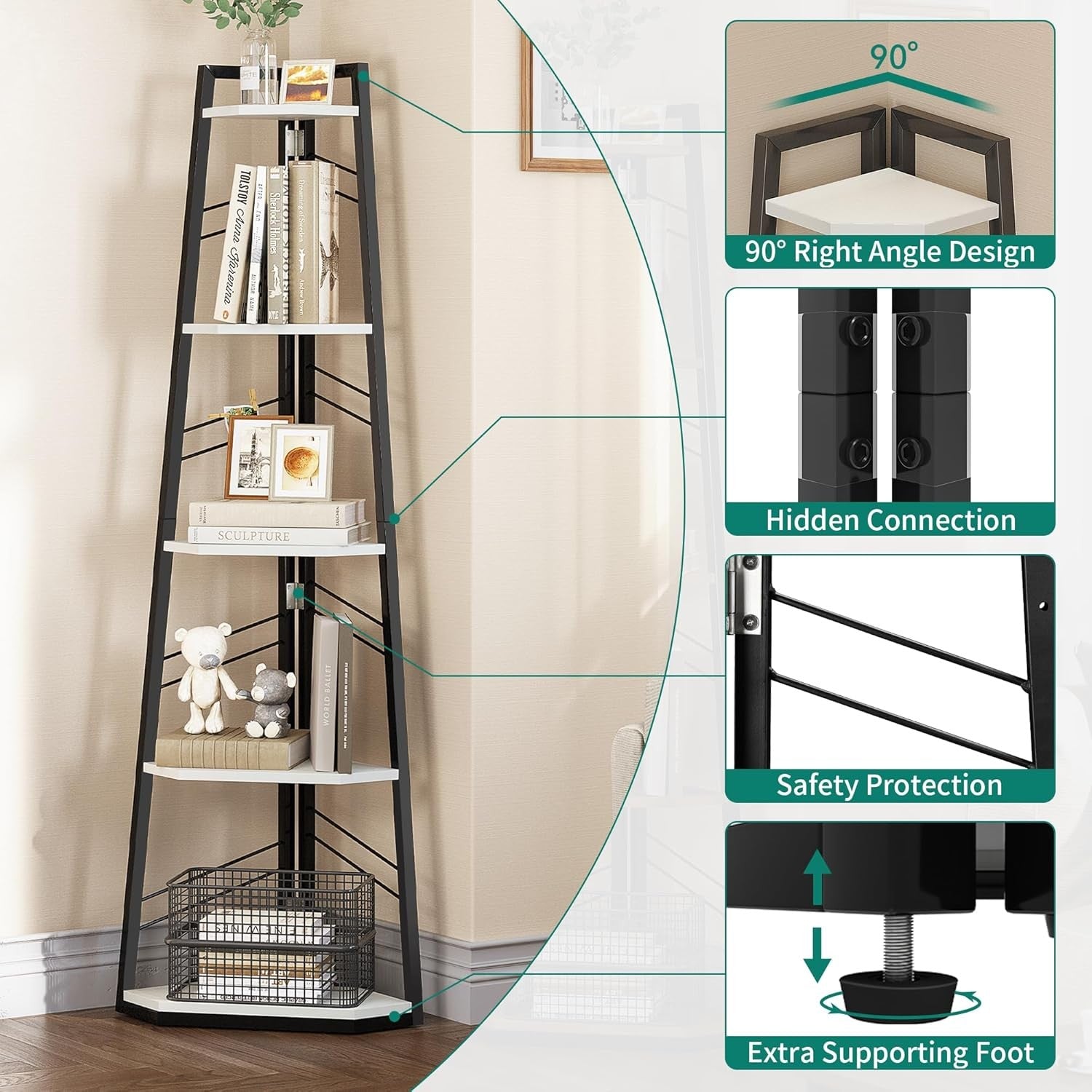Modern 5-Tier Corner Bookshelf Ladder Unit Space-Saving Display Shelf White