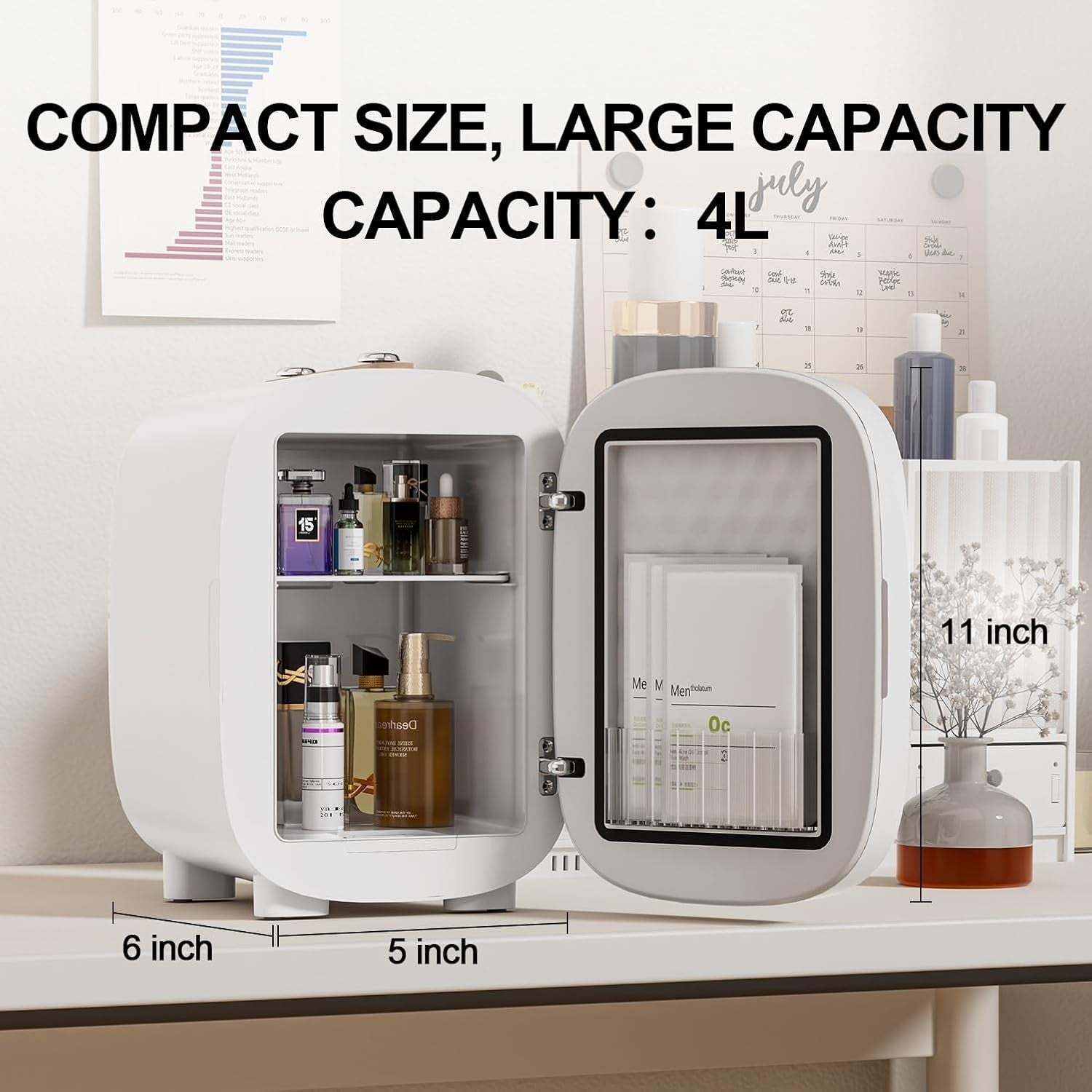 4L Skincare Mini Fridge Cooler & Warmer LED Mirror Portable Pink