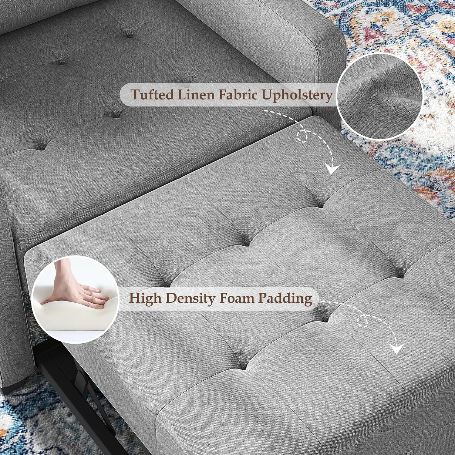 3-in-1 Sofa Bed Grey Single Chair Sleeper w/ Storage, Foldable & Adjustable
