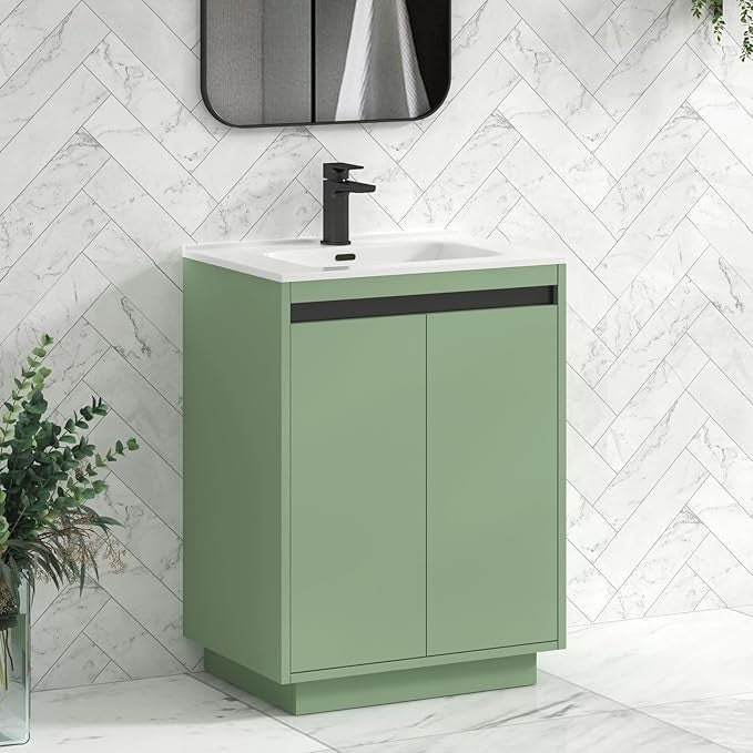 600mm Mint Green Floor Standing Vanity Unit with Basin Sink 2 Door Cabinet