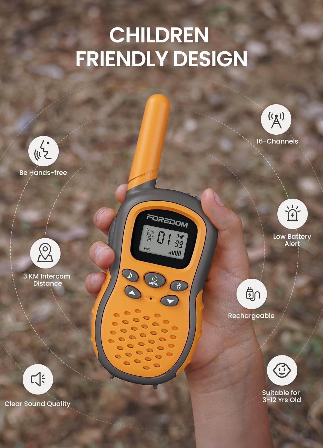 Kids Rechargeable Walkie Talkies 2 Pack Long Range VOX Flashlight Toy