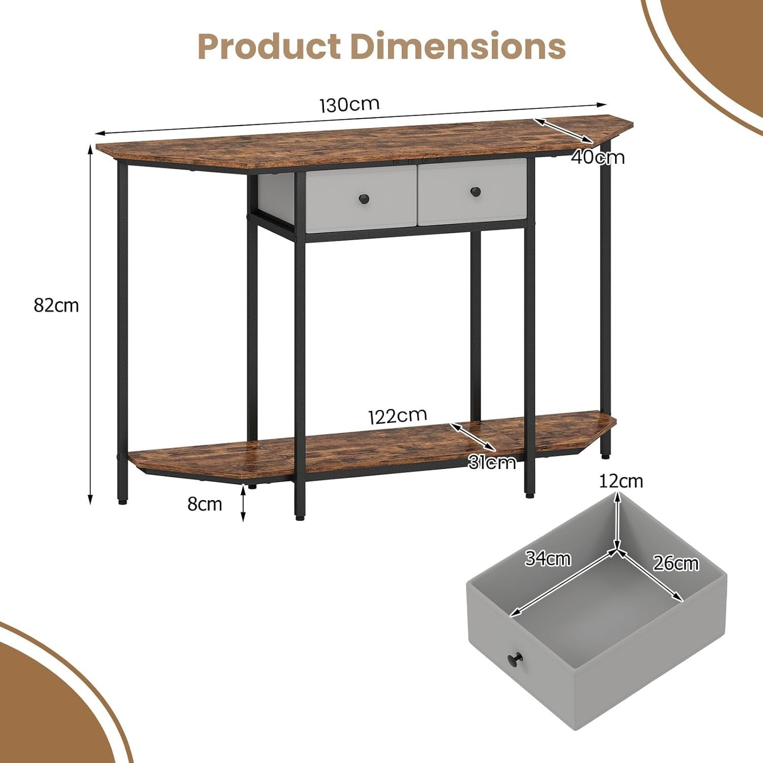 Industrial Console Table 130cm with 2 Drawers & Storage Shelf, Sturdy