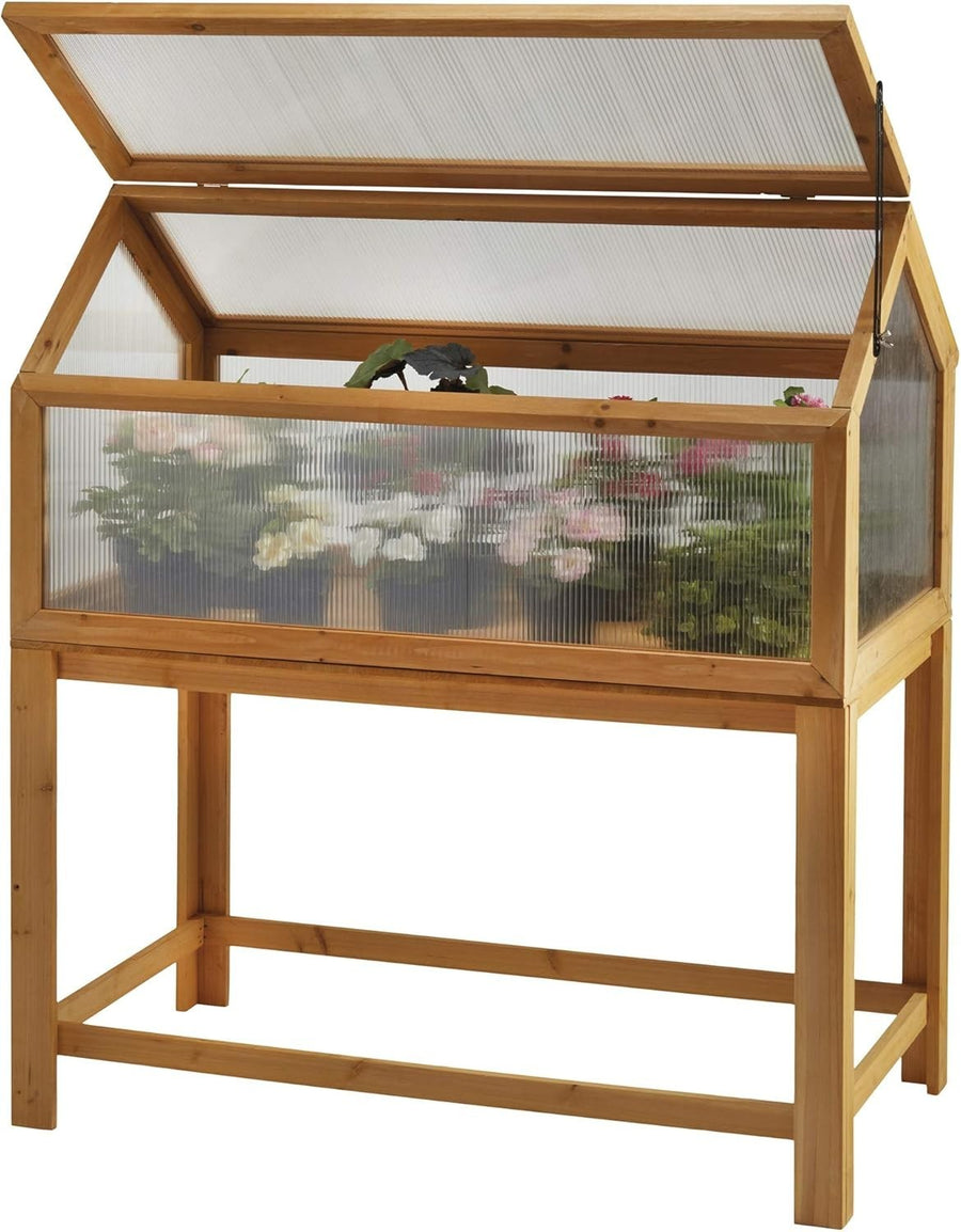Raised Wooden Cold Frame Greenhouse with Hinged Lid 90x51x104cm Polycarbonate