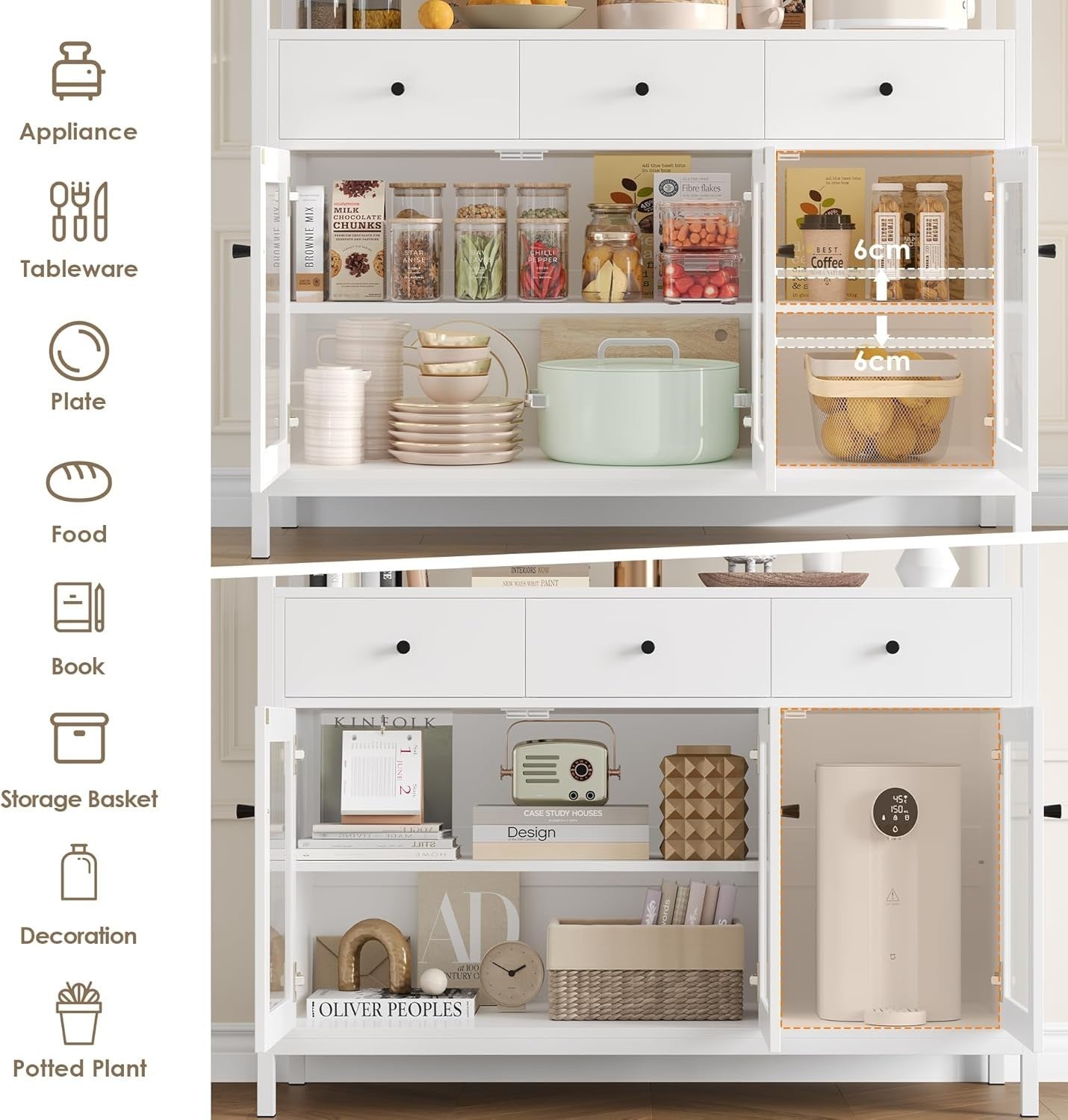 Modern White Sideboard Cabinet with Glass Doors 3 Drawers Adjustable Shelves