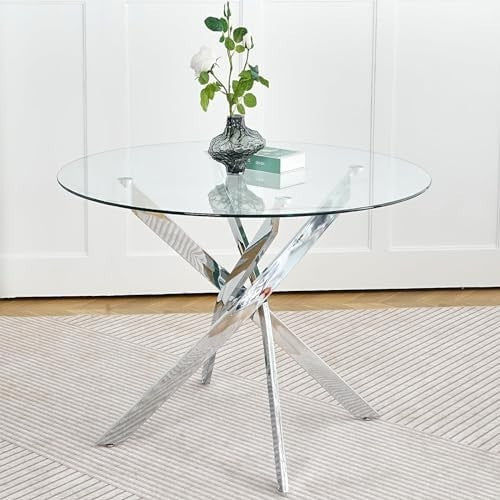 90cm Round Glass Dining Table with Chrome Legs Modern Small Kitchen Dining Table
