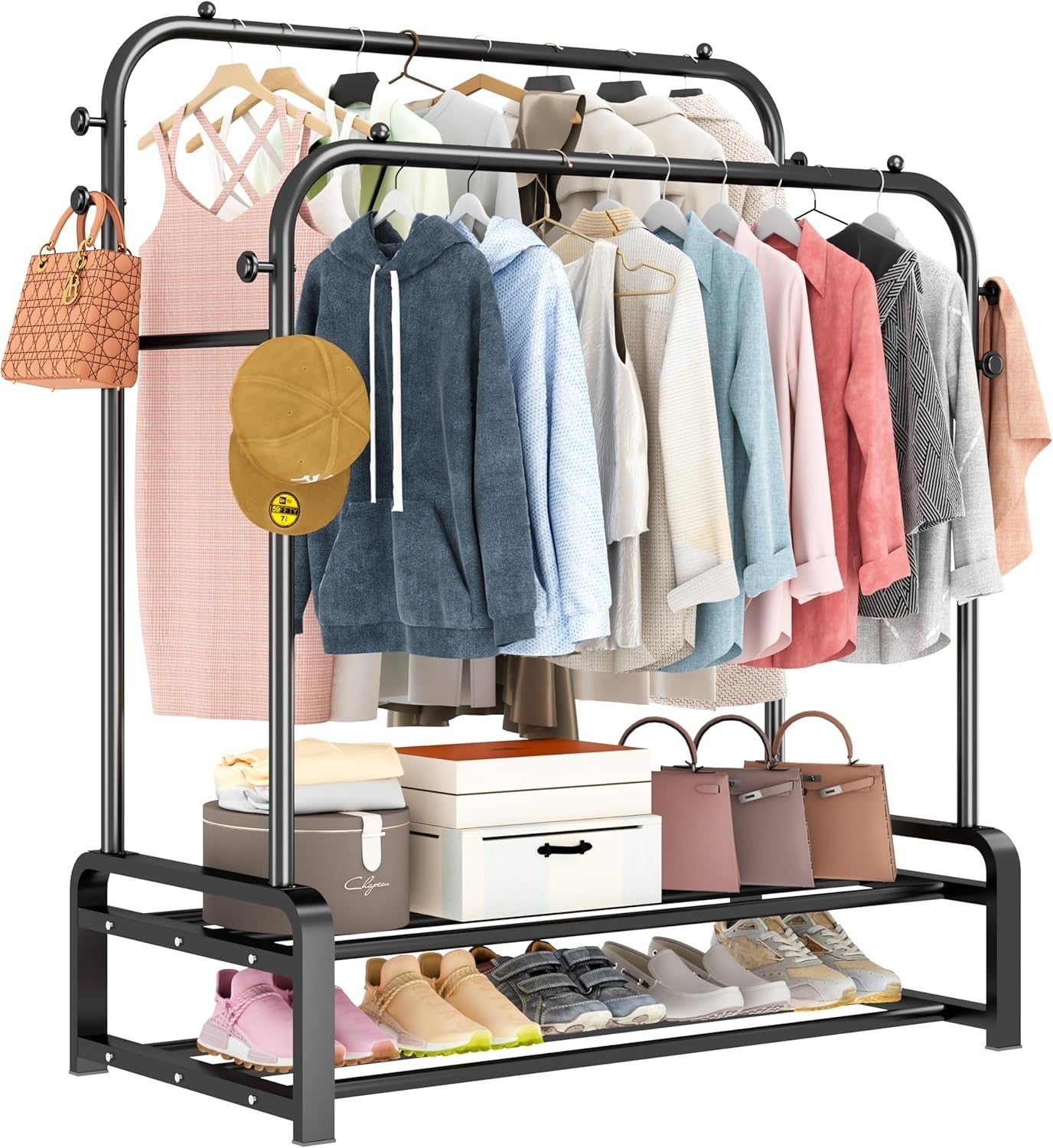 Heavy Duty Double Rail Clothes Rack with Shoe Shelves – Black