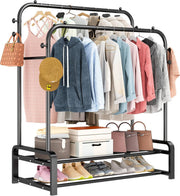 Heavy Duty Double Rail Clothes Rack with Shoe Shelves – Black