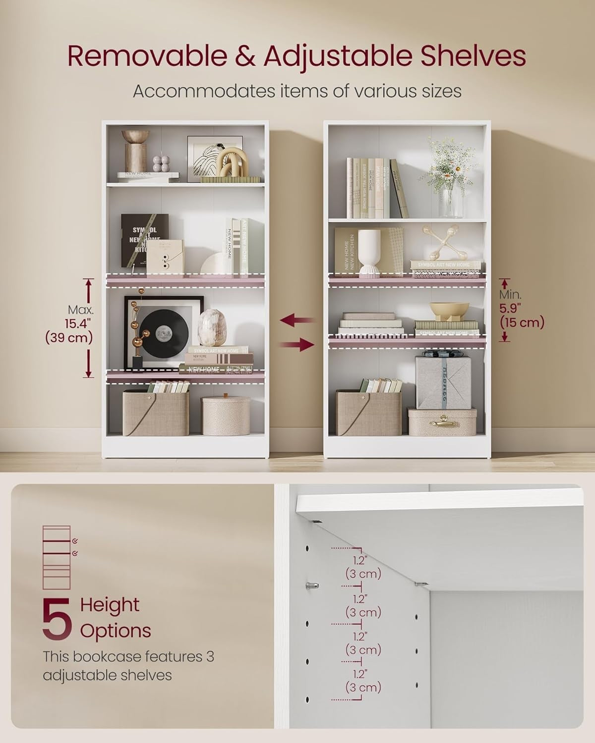 4 Tier White Wooden Bookcase Tall Storage Display Book Shelf for Living Room