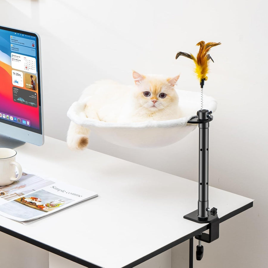180° Rotating Cat Desk Bed Rabbit Fur Perch w Washable Cover 50lb