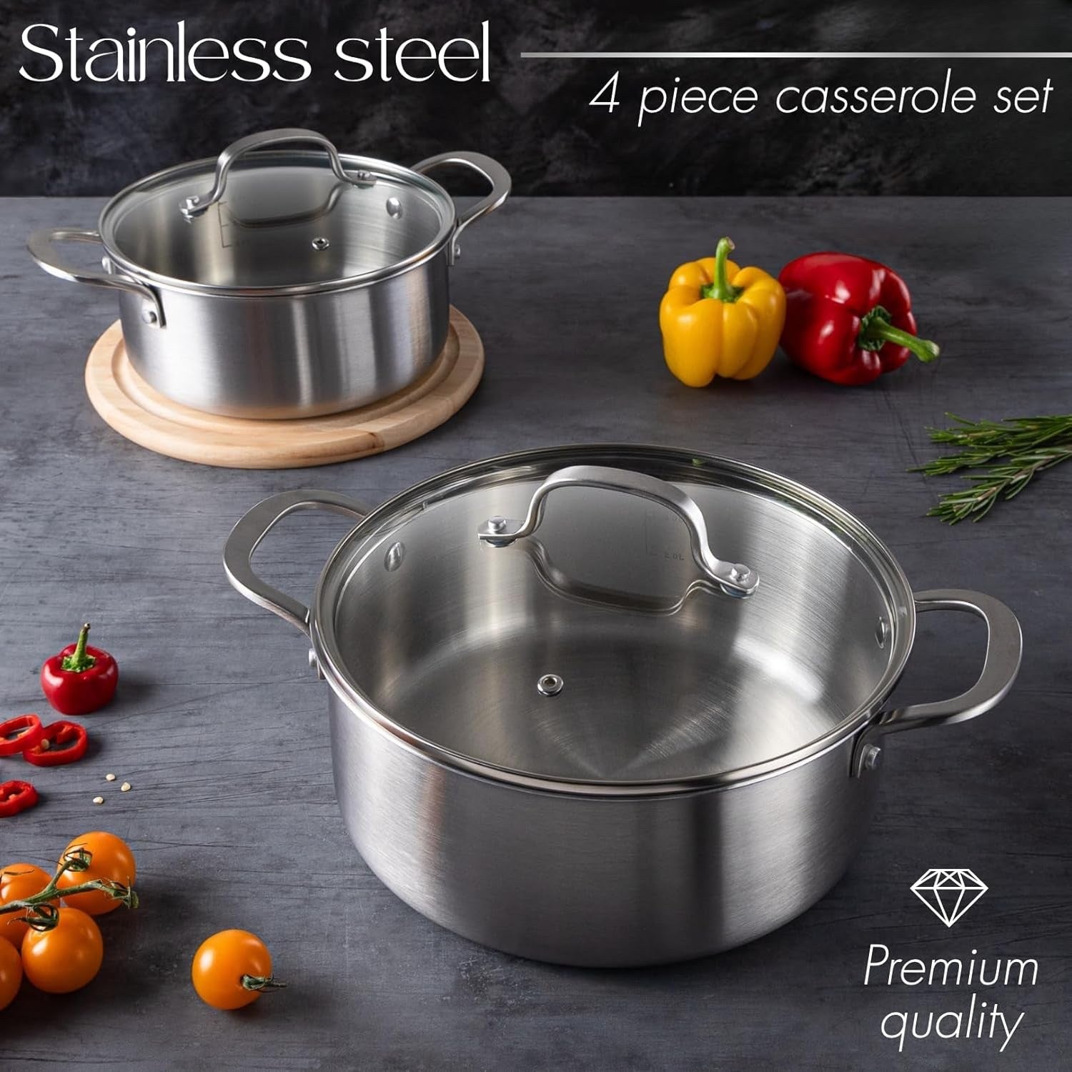 4pcs Stainless Steel Induction Casserole Set Non Stick Pots with Glass Lids
