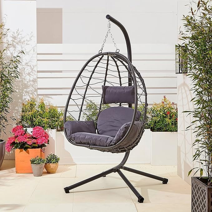 Rattan Egg Chair Swing Hammock w/ Cushions – Foldable, 130KG Max, Indoor Outdoor