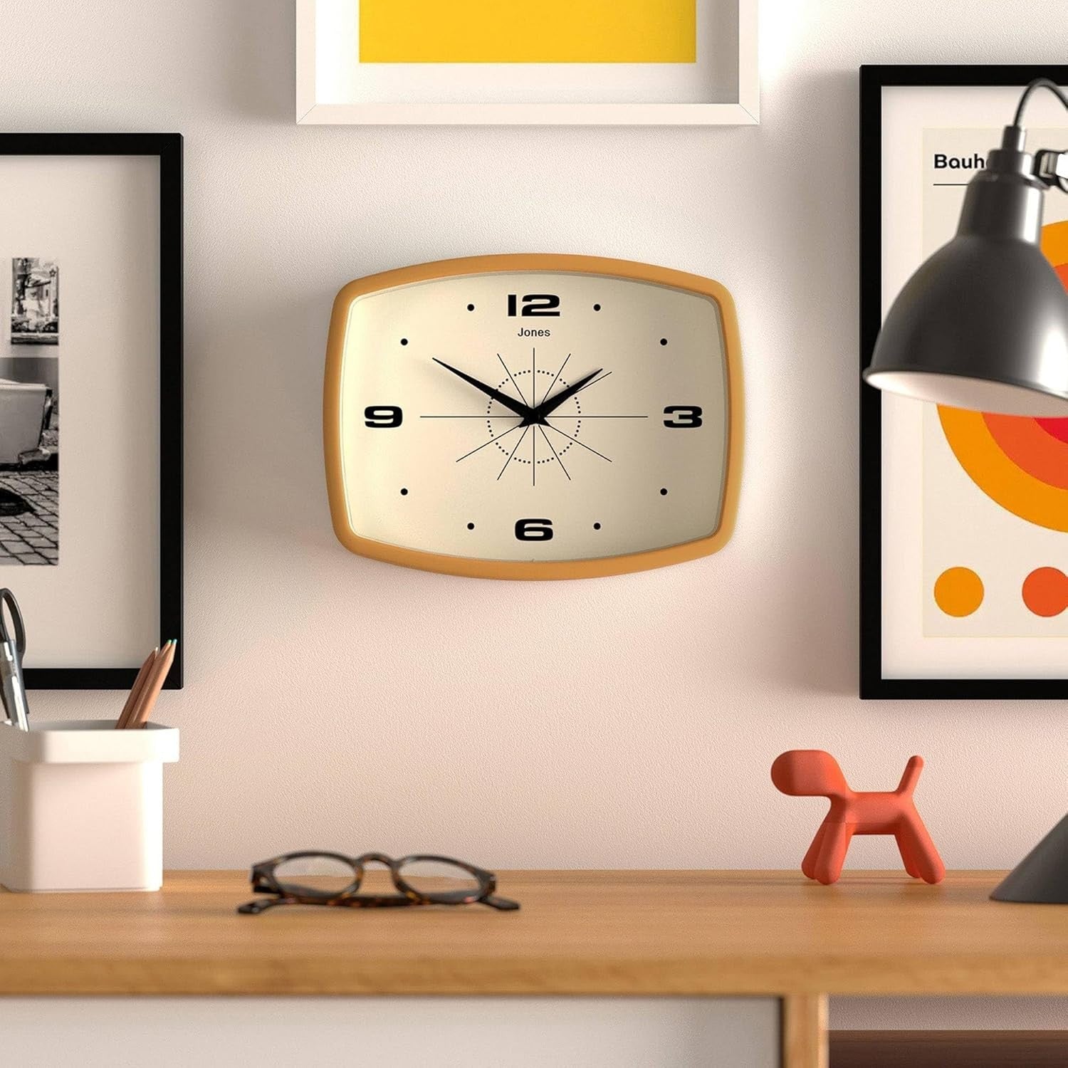 Retro 25cm Wall Clock Rectangle Silent Mustard Yellow Kitchen Home Decor