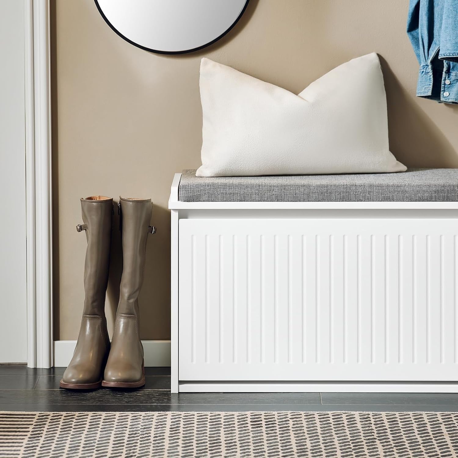 White Shoe Storage Bench with Cushion – Flip Drawer, Space Saving Seat 80cm