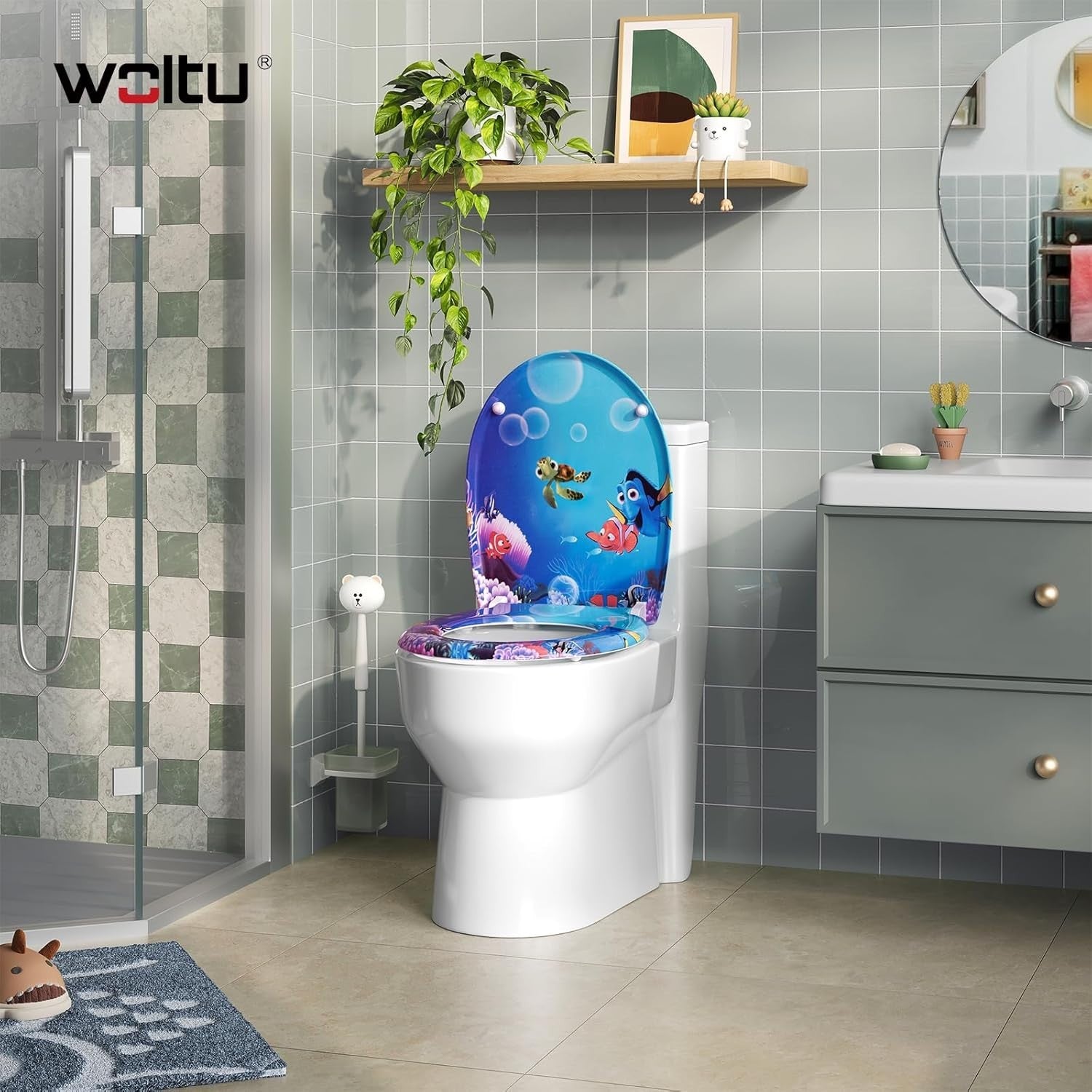 Soft Close Toilet Seat Quick Release O-Shape Duroplast Ocean Fish 45x37cm