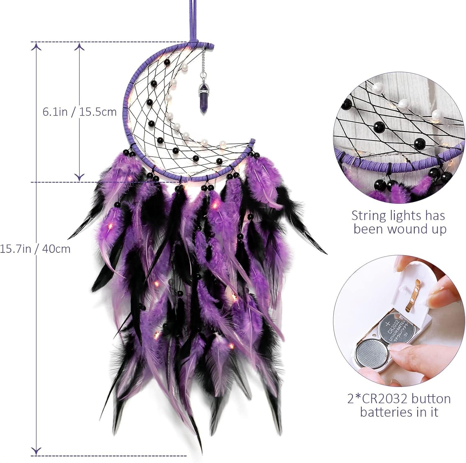 Boho Moon Dream Catcher Purple Black Feathers Fairy Lights Wall Decor