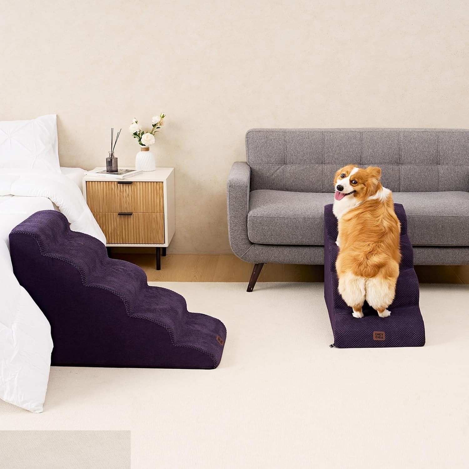 4 Step Dog Stairs for High Bed Non Slip Foam Pet Steps Purple