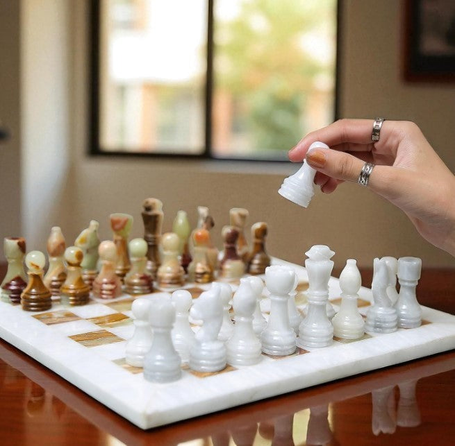 Luxury 10x10” Marble Chess Set White & Onyx Green – Handmade Stone Board