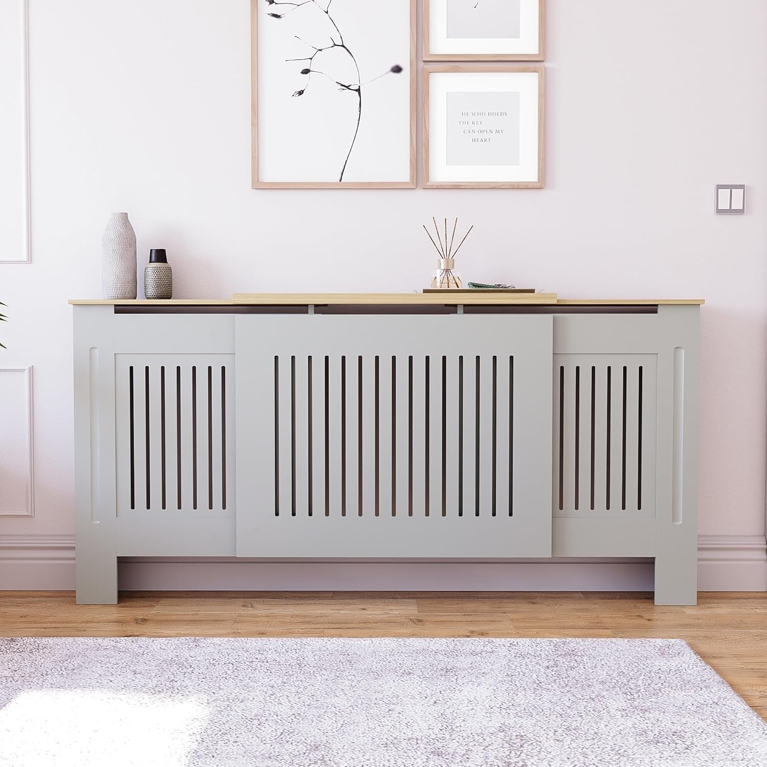 Adjustable Olive Grey Radiator Cover Cabinet MDF Slatted Grill with Shelf